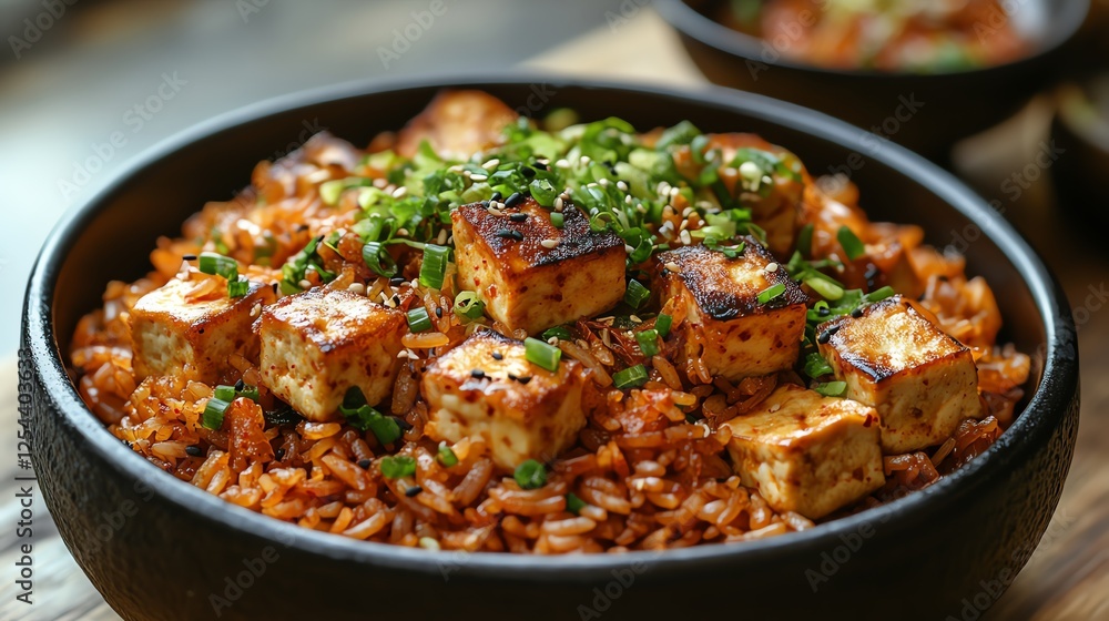 A delicious bowl of grilled tofu served on a bed of savory rice, garnished with fresh herbs. Perfect for health-conscious diners seeking flavorful vegetarian meals. A delicious bowl of grilled tofu served on a bed of savory rice, garnished with fresh herbs. Perfect for health-conscious diners seeking flavorful vegetarian meals.