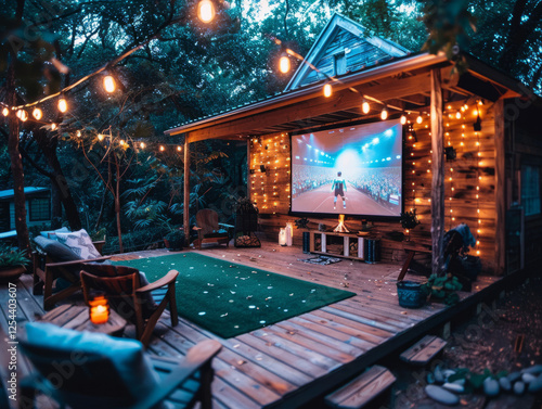 .Outdoor Movie Night: A luxurious backyard movie setup with a large projector screen showing a thrilling sports match, complete with plush loungers, green turf, and a cozy ambiance.