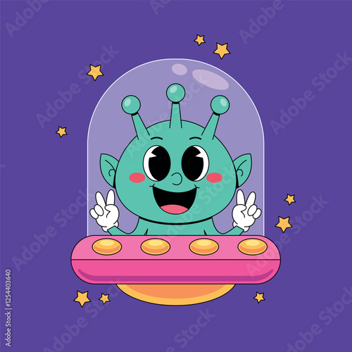 Cute alien riding ufo with stars