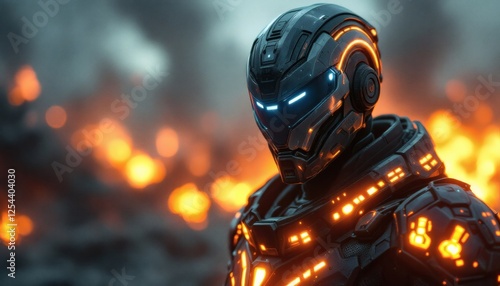 Futuristic Soldier in Burning Landscape Sci Fi Artwork