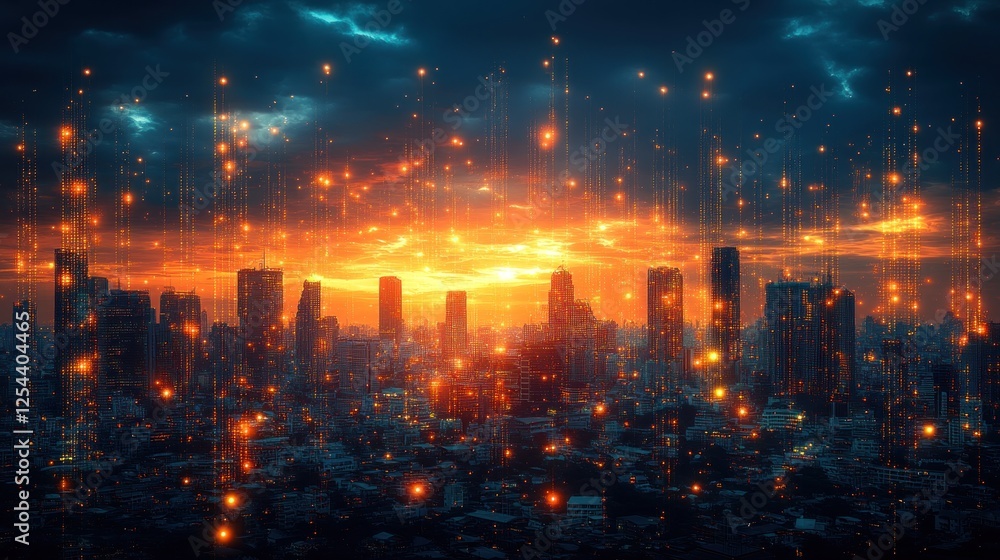 Naklejka premium Futuristic city skyline at sunset with digital data streams. (1)