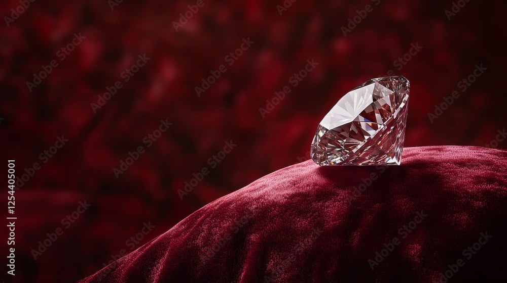 Obraz premium 22.A high-end display featuring a gleaming diamond perched on a deep red velvet cushion, captured in a studio setting with a vivid red background and subtle shadows.