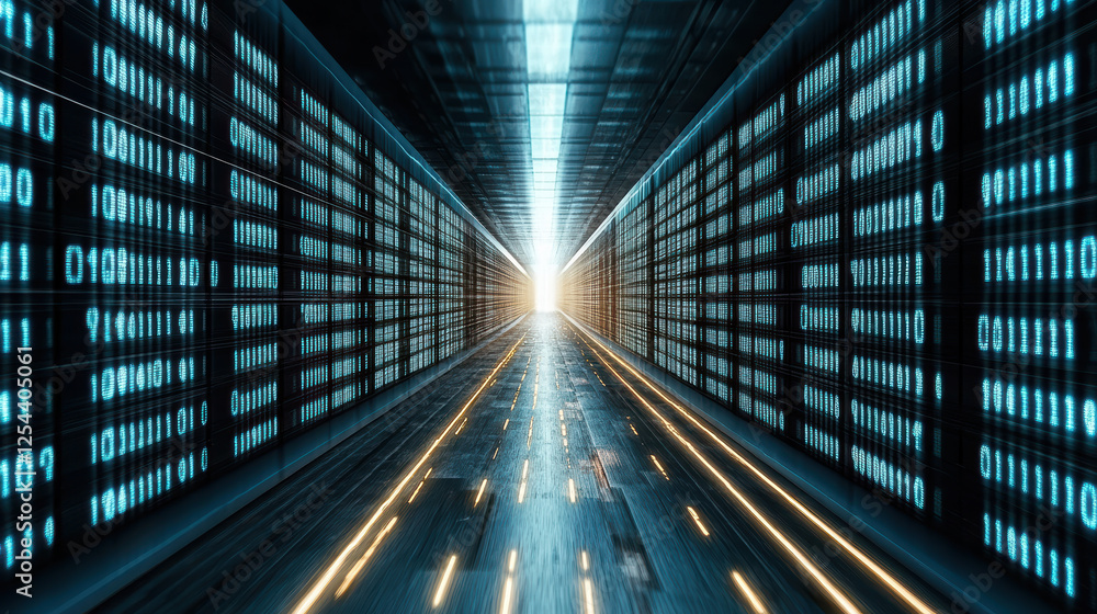 Fototapeta premium futuristic data tunnel with glowing binary code and light at end