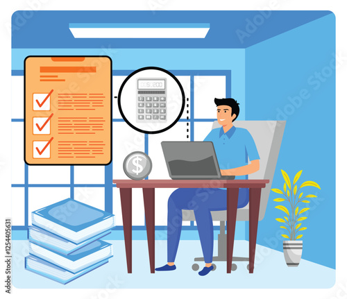 Money savings estimation. Businessman Working on Laptop in Office with Checklist and Calculator.