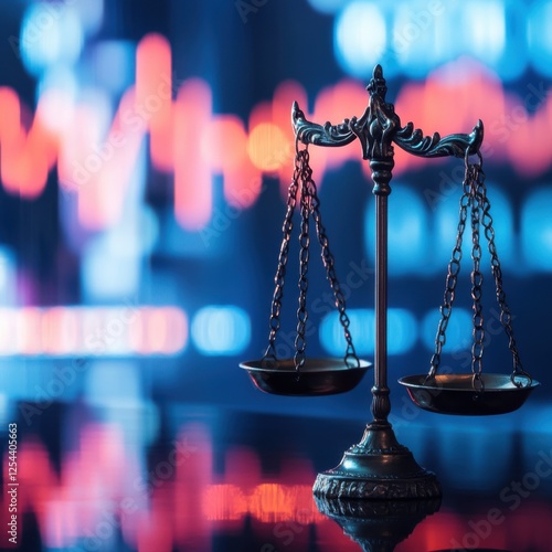 Justice and Finance: Scales of Justice Against a Dynamic Stock Market Background photo