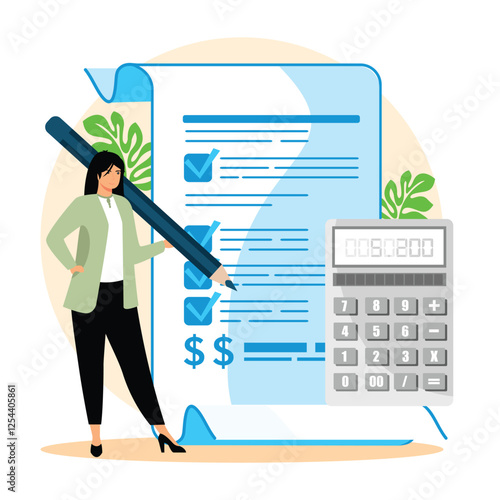 Financial Checklist. Businesswoman Reviewing with Calculator and Document.