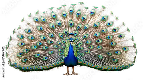 Stunning peacock with radiant blue and green feathers displaying its elegance, isolated on transparent background png 