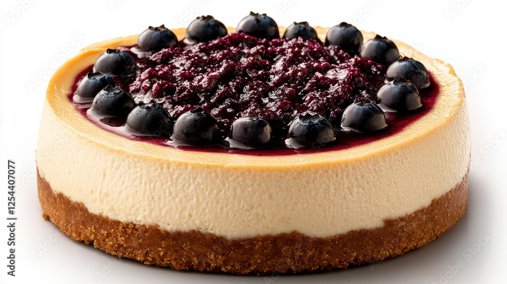 Creamy cheesecake topped with blueberry compote and fresh blueberries Creamy cheesecake topped with blueberry compote and fresh blueberries