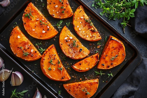 Roasted pumpkin with herbs and spices on a black background.