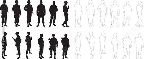 Silhouettes set of Soldiers icon vector art illustration with white background