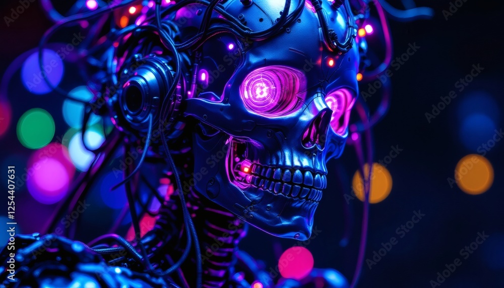 Cybernetic Skull Robot Neon Lights Digital Art Cybernetic Skull Robot Neon Lights Digital Art