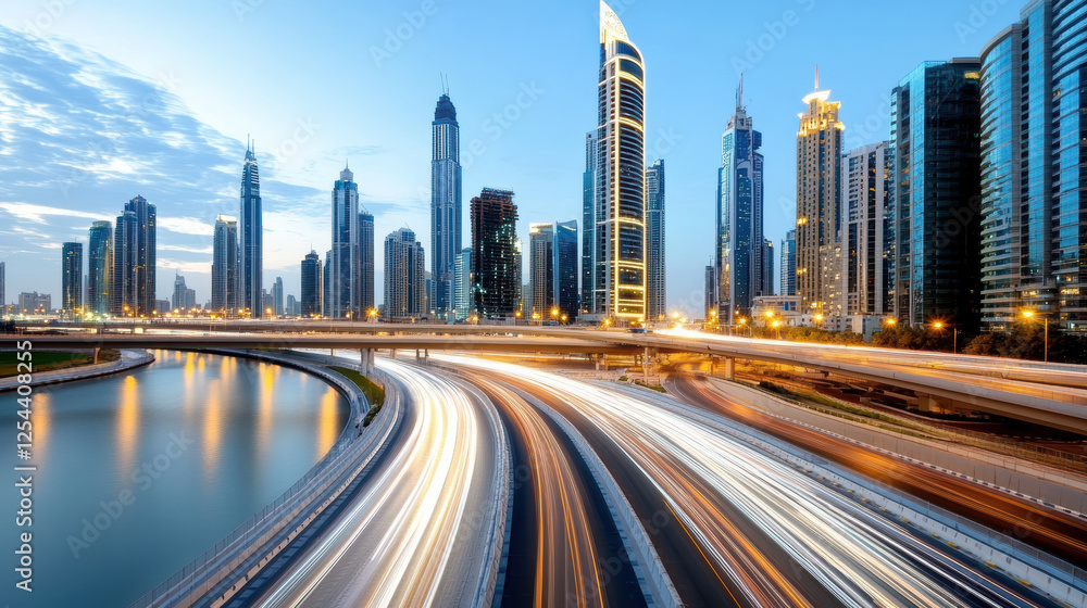 Obraz premium vibrant city skyline at dusk with illuminated buildings and flowing traffic