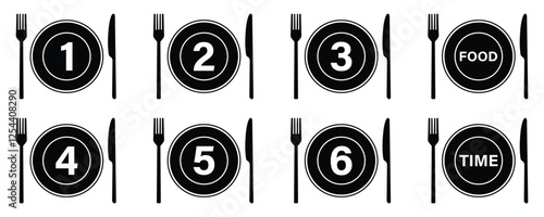 Dish portion number icon or sign with plate, fork and knife. 1,2,3,4,5,6 portions icon vectors isolated on white background.
