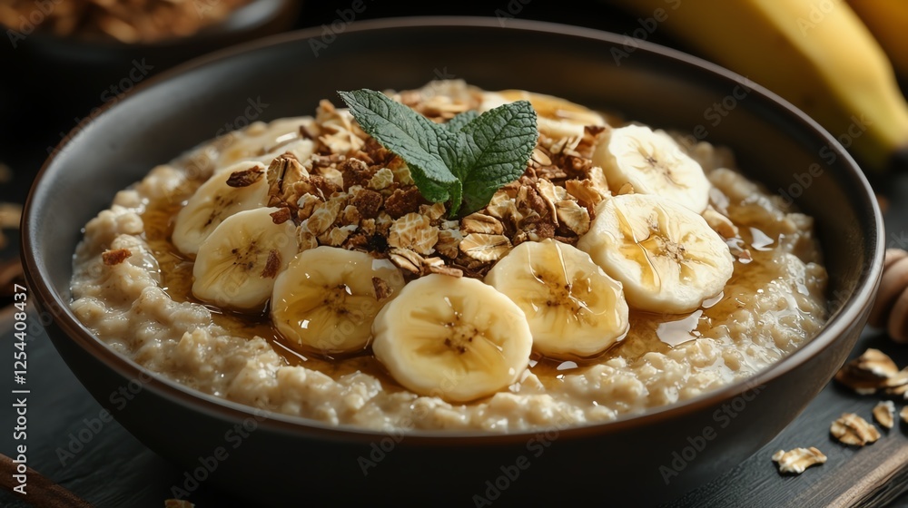 A delicious bowl of oatmeal topped with fresh banana slices, crunchy granola, and a sprig of mint. Perfect for a healthy breakfast or snack to start your day. A delicious bowl of oatmeal topped with fresh banana slices, crunchy granola, and a sprig of mint. Perfect for a healthy breakfast or snack to start your day.