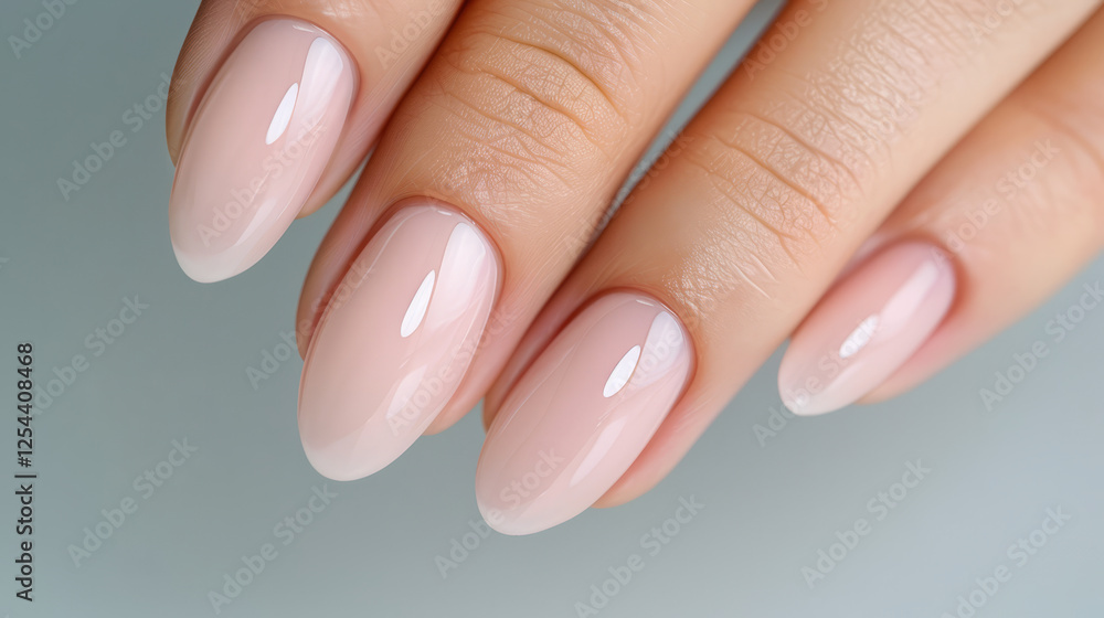 Elegant Almond Nails: Close-up shot of perfectly manicured almond-shaped nails with a soft, natural pink gel polish. The nails are smooth, shiny, and flawlessly applied. Elegant Almond Nails: Close-up shot of perfectly manicured almond-shaped nails with a soft, natural pink gel polish. The nails are smooth, shiny, and flawlessly applied.