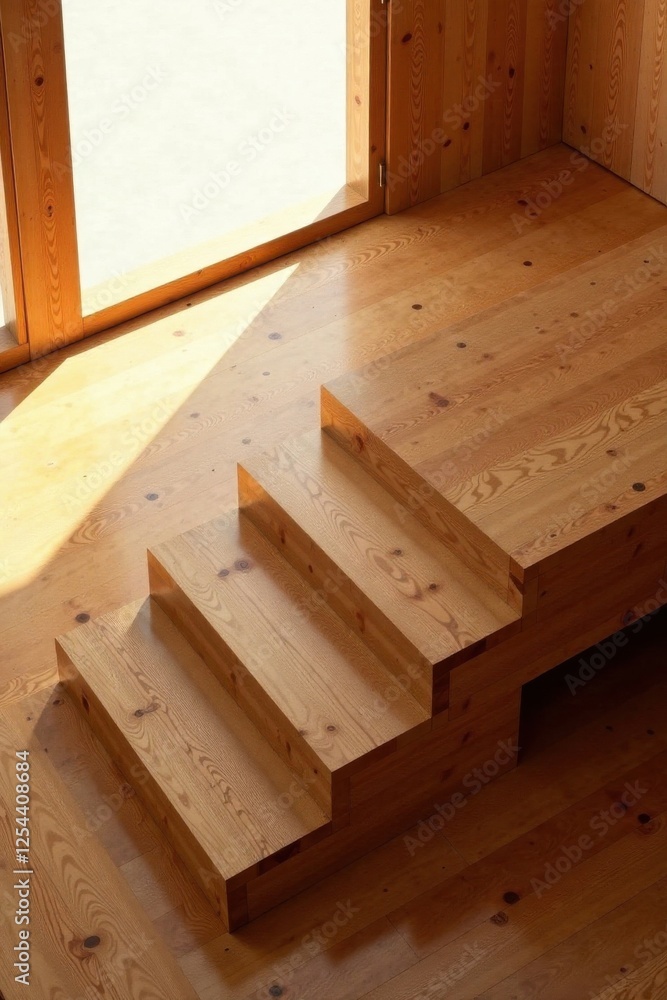 Sunlight illuminates a simple wooden staircase, crafted from light-colored planks, nestled within a sunlit interior space with wooden walls and flooring. Sunlight illuminates a simple wooden staircase, crafted from light-colored planks, nestled within a sunlit interior space with wooden walls and flooring.