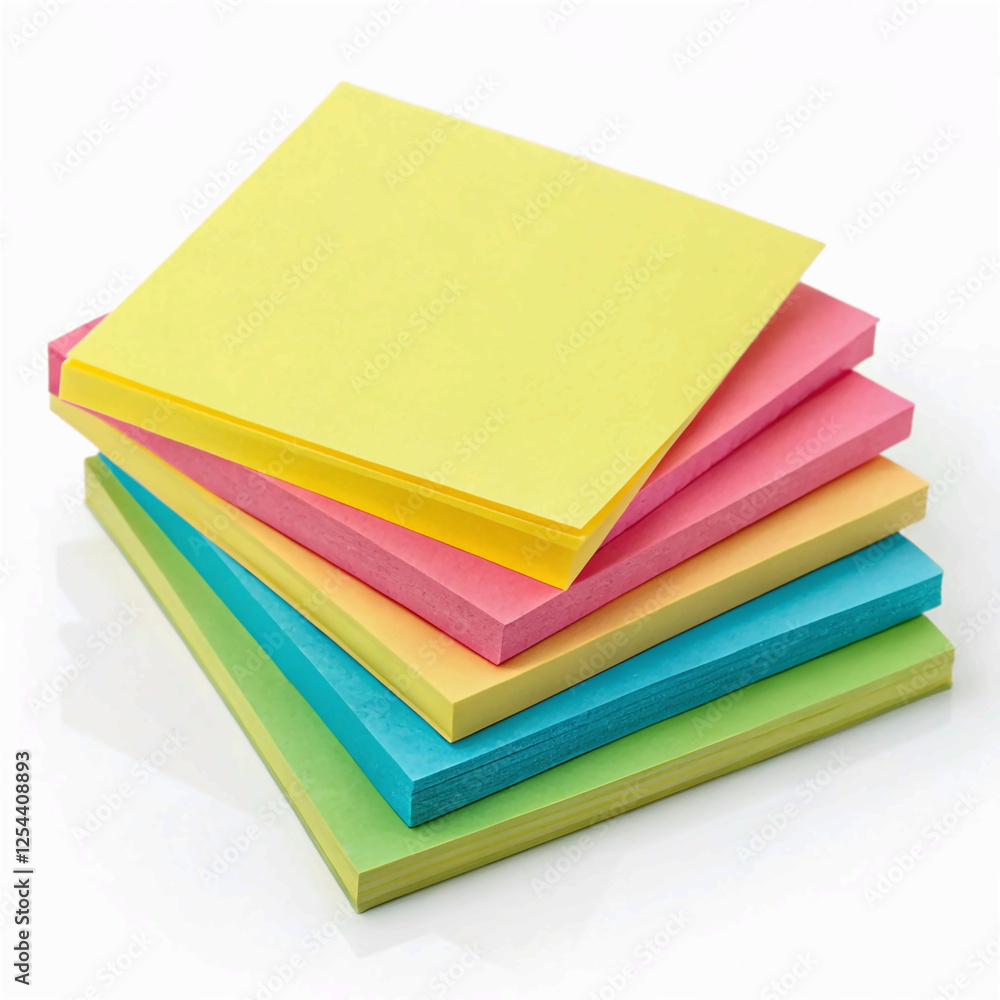 A collection of colorful sticky notes, featuring shades of yellow, pink, blue, and green, stacked in an orderly manner A collection of colorful sticky notes, featuring shades of yellow, pink, blue, and green, stacked in an orderly manner