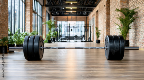 barbell with weights rests on wooden floor of modern gym, surrounded by plants