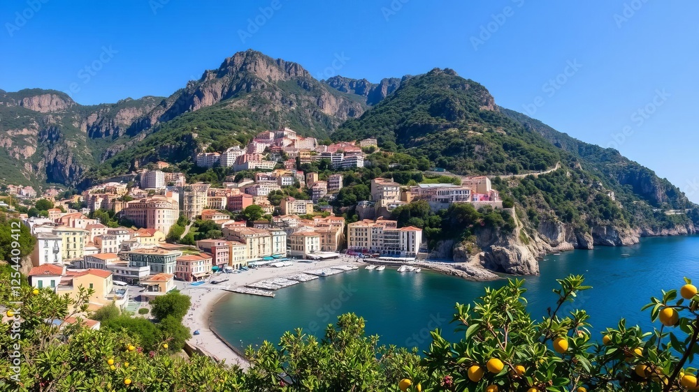 Obraz premium Breathtaking view of Positano town with lush lemon groves overlooking the coast of Italy, destination, scenic, coast