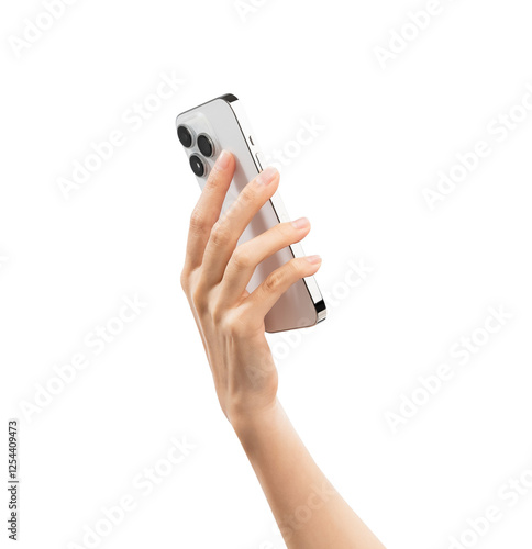Hand holding back of the smartphone on isolated white background.