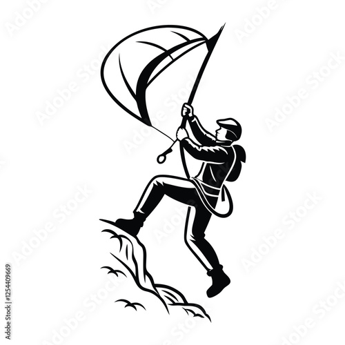 A climber holding a parachute in a mountainous environment.