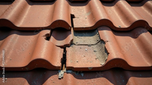 Close-up view of damaged clay roof tiles showing significant cracks and deterioration, requiring immediate repair to prevent further water damage and structural compromise