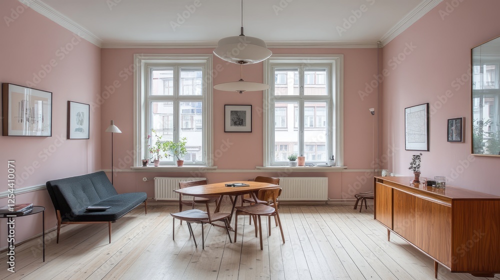Fototapeta premium A refined minimalist living room with carefully curated decor, pastel tones, and a warm atmosphere.