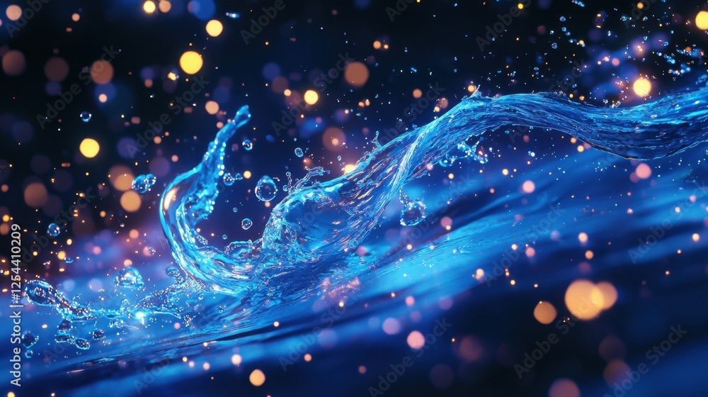 Fototapeta premium A dynamic water splash frozen mid-air with tiny air bubbles rising through the vibrant blue surface, creating a refreshing scene.