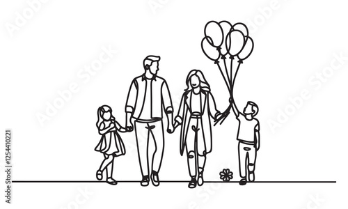 continuous one single line art doodle drawing of Happy family with kids holding hands with balloons illustration on white background