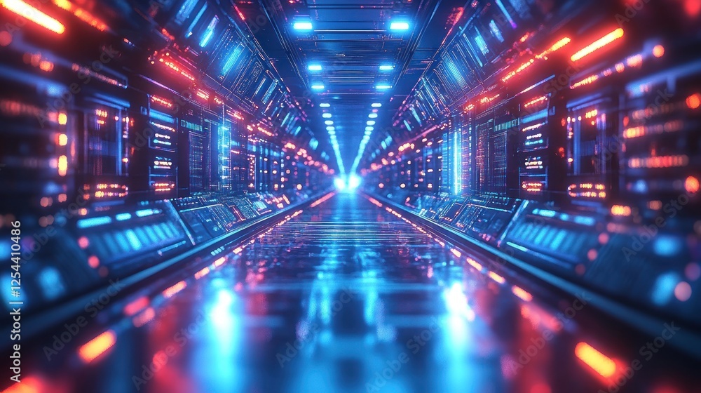 Futuristic neon-lit corridor with glowing panels and reflective floor. Futuristic neon-lit corridor with glowing panels and reflective floor.