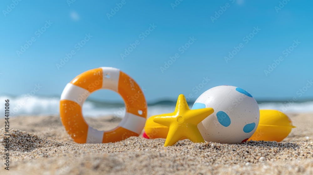 Obraz premium Beach toys on sandy shore, summer vacation fun, sunny day