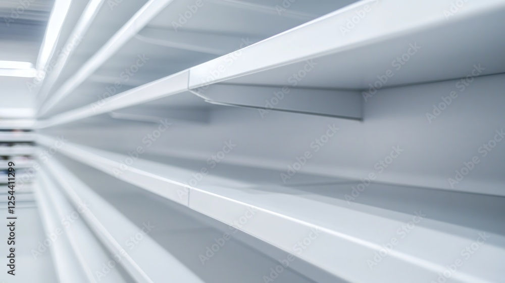 Empty white shelves in a storage room, potential use for retail or warehouse Empty white shelves in a storage room, potential use for retail or warehouse