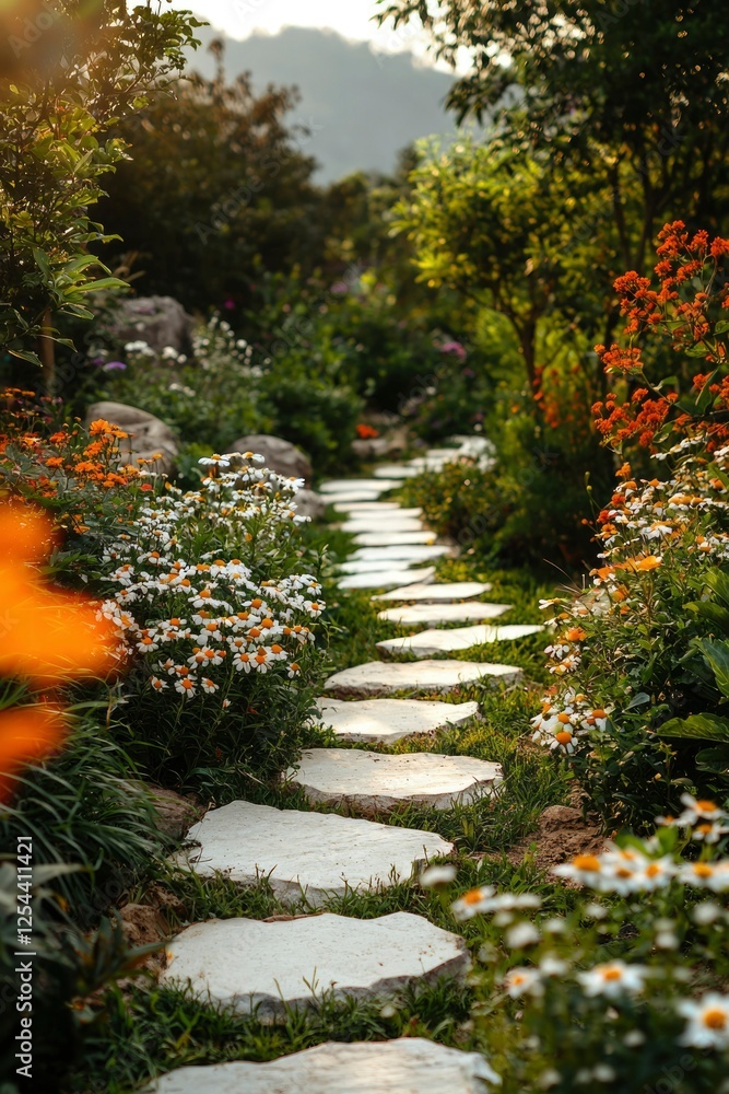Obraz premium Serene garden pathway lined with vibrant flowers, leading to a lush green backdrop under soft sunlight