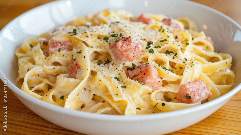 Creamy pasta dish with salmon, wooden table background. Food photography for restaurant menus Creamy pasta dish with salmon, wooden table background. Food photography for restaurant menus