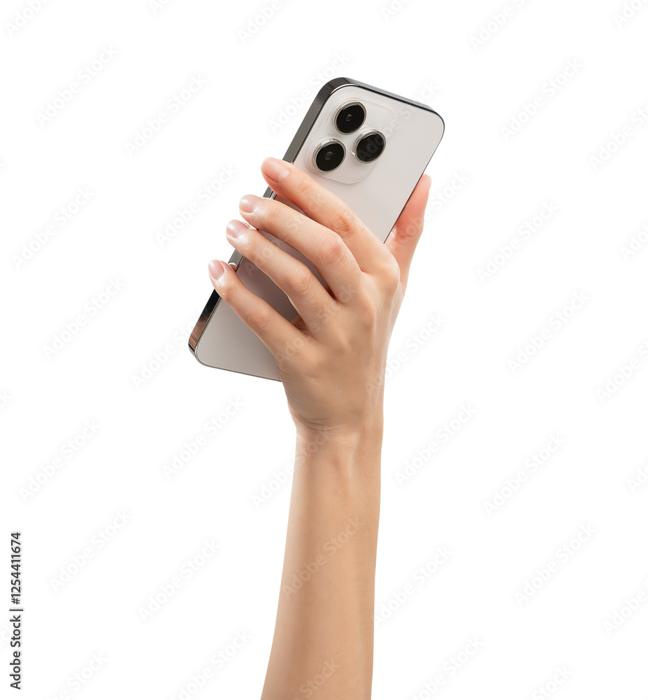 Hand holding back of the smartphone on isolated white background. Hand holding back of the smartphone on isolated white background.