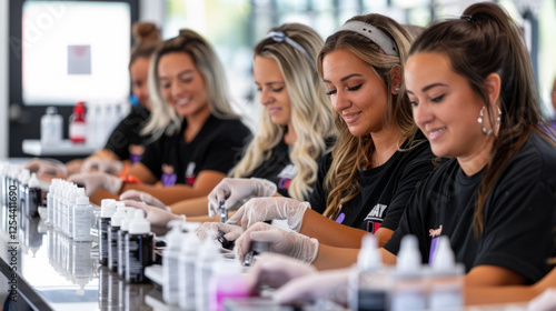 Wallpaper Mural Teamwork in the Making: A group of focused young women work collaboratively, meticulously preparing products at their shared workspace, showcasing dedication and precision.  Torontodigital.ca