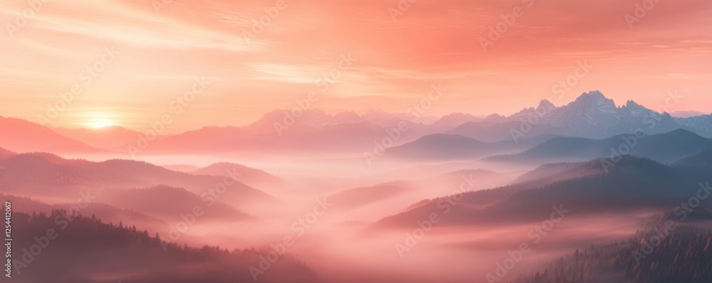 Fototapeta premium Misty Mountain Sunrise: A Serene Panorama