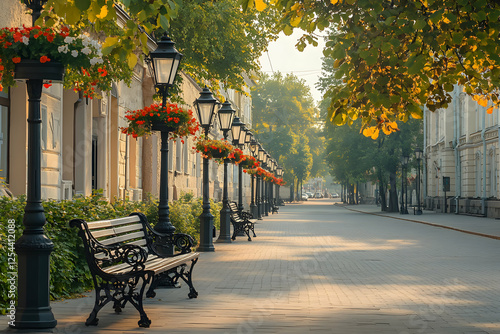 Idyllic avenue lined with ornate lampposts adorned with vibrant flowers, inviting benches and verdant trees bathed in the soft glow of early morning sun