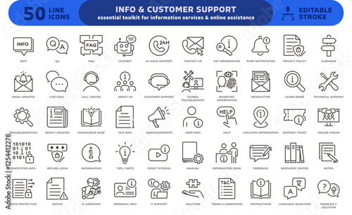 Info and customer support icon set. Thin line editable stroke icons for information help desks, call centers, online assistance, technical support, data protection, faq and qa