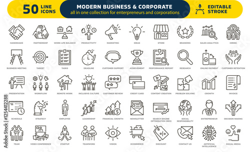 Modern business and corporate icon set. Thin line editable stroke icons for corporations, entrepreneurs, marketing, startups, leadership, strategy and e-commerce
