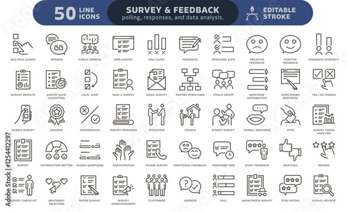 Survey and feedback icon set. Thin line editable stroke icons for polls, data analysis, customer satisfaction, market research, and public opinion