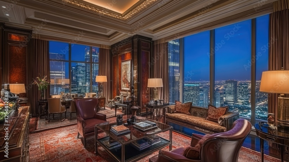 Fototapeta premium A stylish and upscale luxury living room with sleek and modern furniture, floor lamps, and elegant details.
