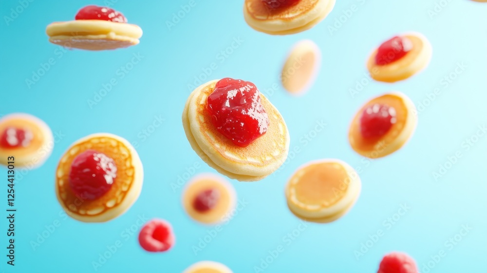 Naklejka premium Mini Pancakes with Jam, Falling, Blue Background, Food Photography