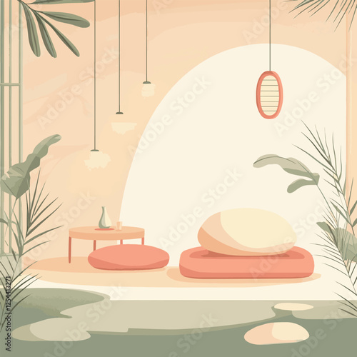 Minimalist Zen Meditation Room Vector Illustration:This serene vector illustration beautifully depicts a minimalist Zen meditation room with soft, earthy tones and a calming atmosphere