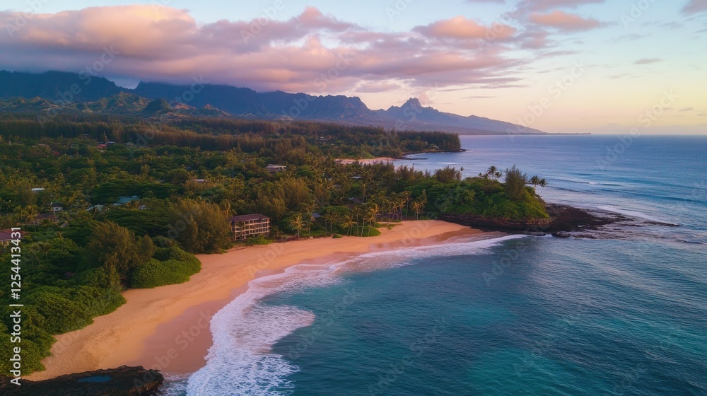 Obraz premium A golden beach at sunset with gentle waves, soft sand, and a refreshing ocean breeze, creating a peaceful summer paradise.