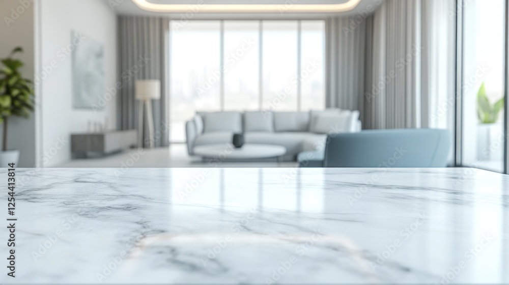 Fototapeta premium Modern apartment living room, marble table, city view