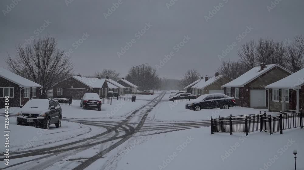 Snow-covered suburban street with parked cars during a snowfall. Snow-covered suburban street with parked cars during a snowfall.