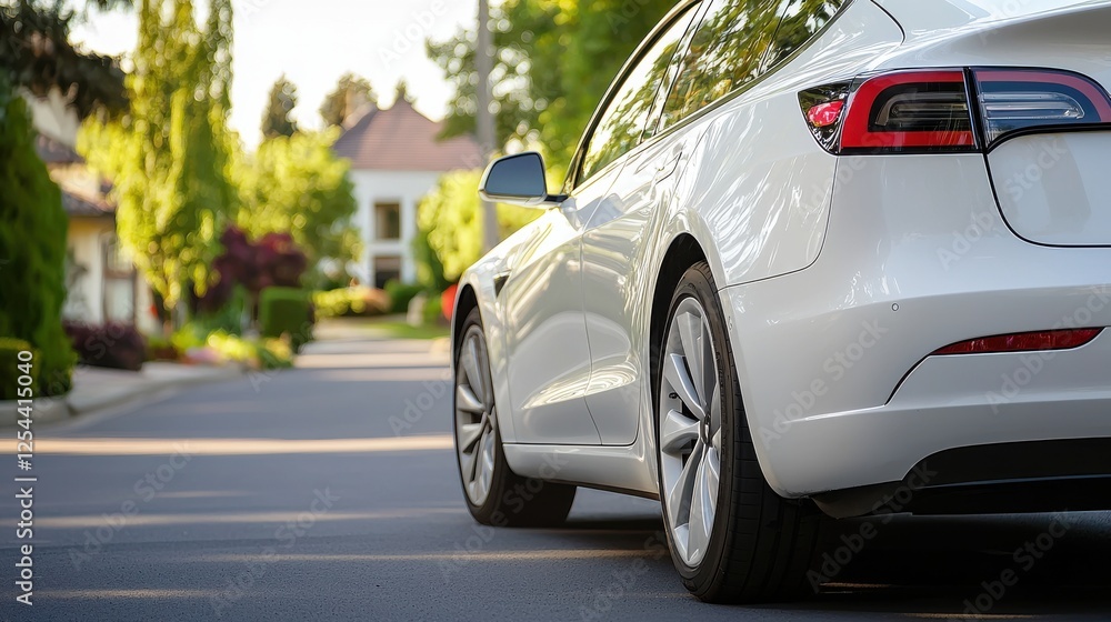 A modern silver car parked on a tree-lined residential street. A modern silver car parked on a tree-lined residential street.