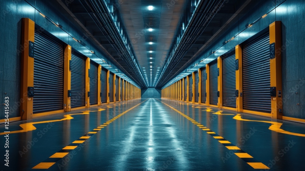 Fototapeta premium Futuristic warehouse corridor with rows of closed metal storage units and illuminated floor.