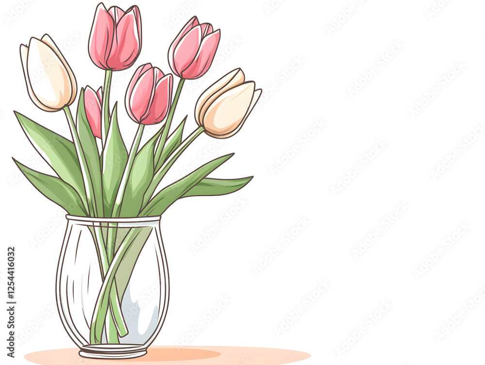 Fototapeta premium Elegant line art of tulips in vase, showcasing soft colors and spacious background. Perfect for floral decor and design inspiration